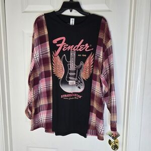 Upcycled black Fender Guitar t'shirt abd matching plaid shirt OS